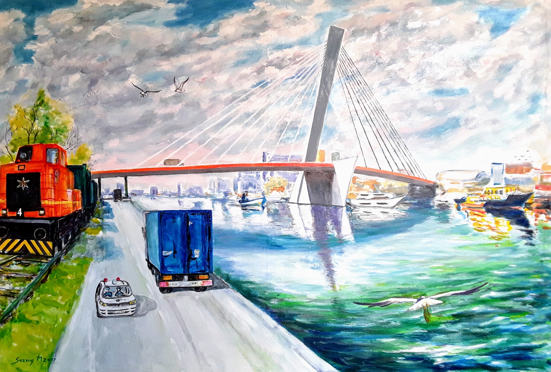 M♡DOC Ponte strallato con motrice ferroviaria, mezzi stradali, imbarcazioni e gabbiani alla Darsena del Porto di Marghera sul Canale Ovest ~ By Michele Serena